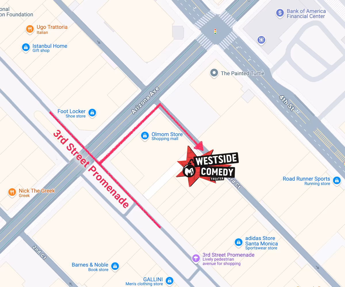 Westside Comedy Entrance Map A map diagram showing how to find the entrance to Westside Comedy Theater in the alley North of the 3rd Street Promenade.